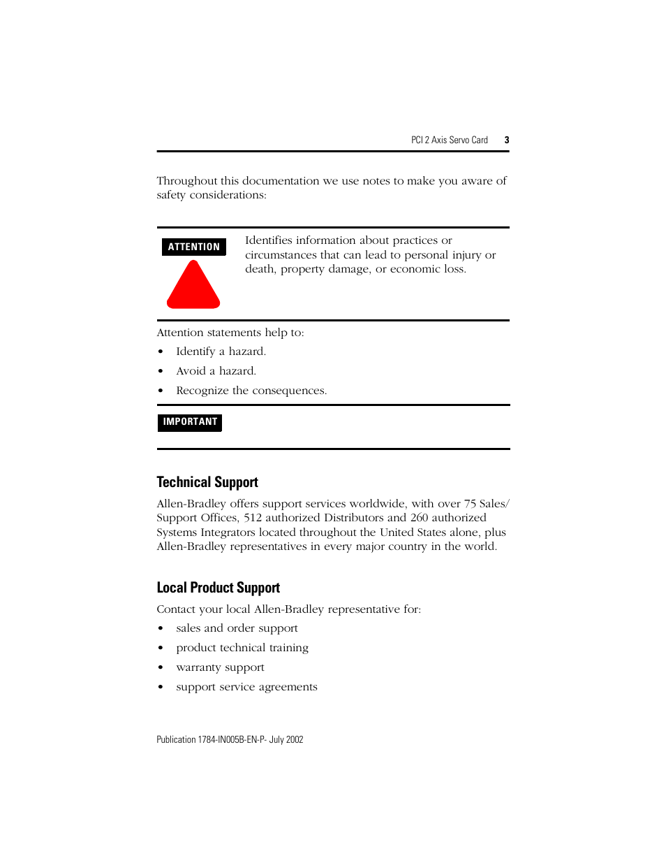 Technical support, Local product support | Rockwell Automation 1784-PM02AE PCI 2 Axis Servo Card User Manual | Page 3 / 20