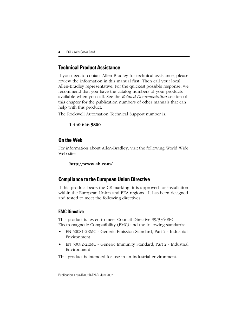 Technical product assistance, On the web, Compliance to the european union directive | Emc directive | Rockwell Automation 1784-PM02AE PCI 2 Axis Servo Card User Manual | Page 4 / 20