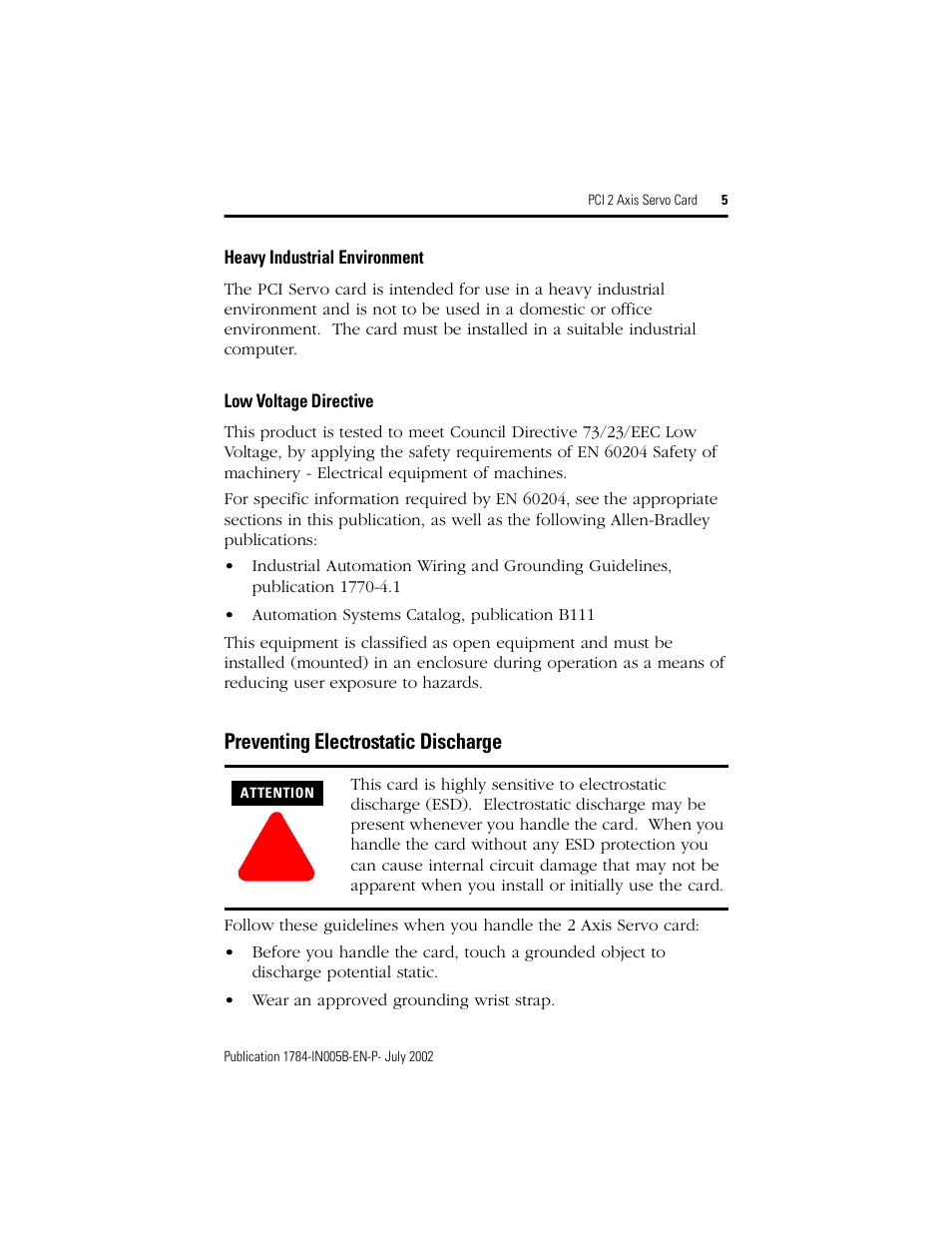Heavy industrial environment, Low voltage directive, Preventing electrostatic discharge | Rockwell Automation 1784-PM02AE PCI 2 Axis Servo Card User Manual | Page 5 / 20