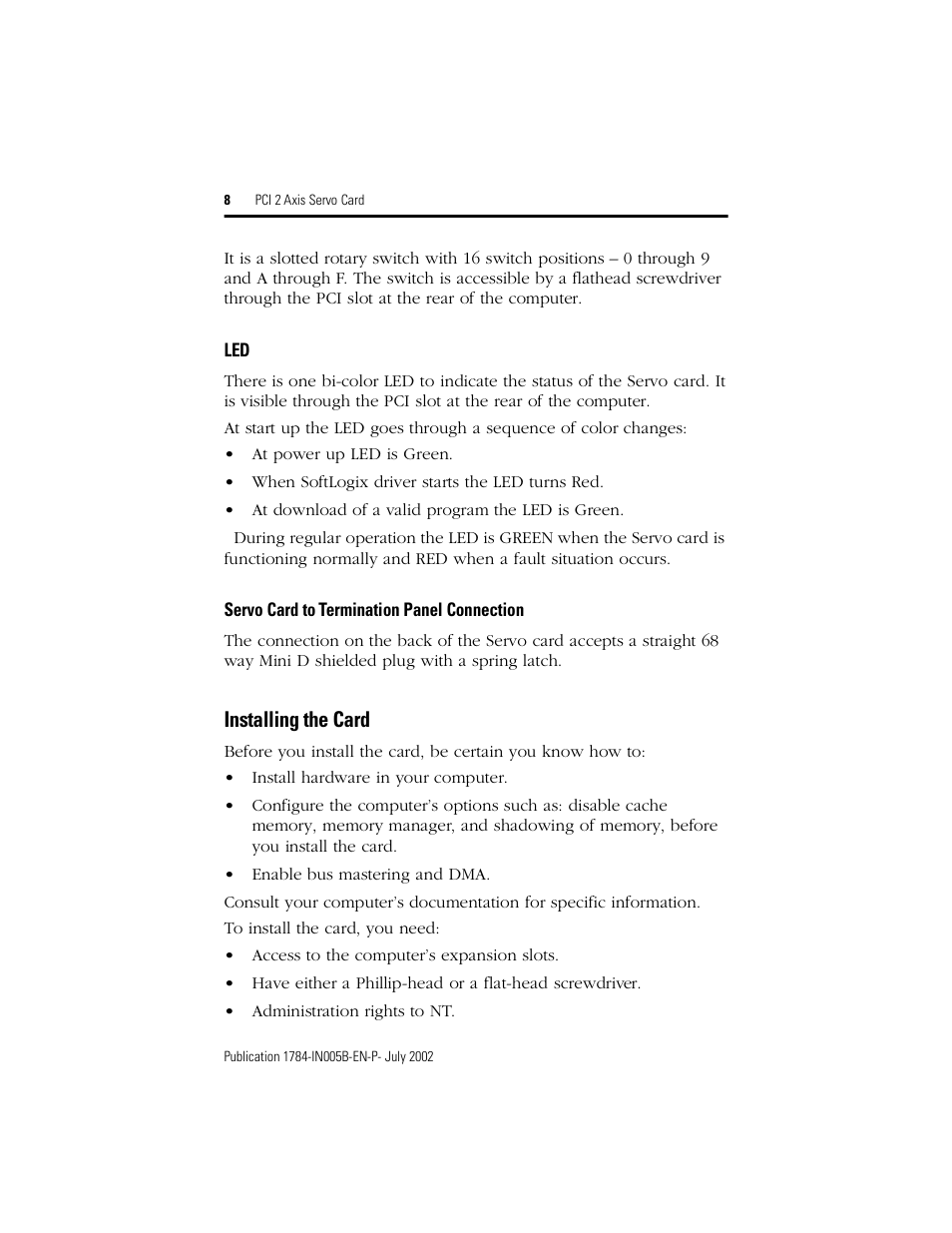 Servo card to termination panel connection, Installing the card | Rockwell Automation 1784-PM02AE PCI 2 Axis Servo Card User Manual | Page 8 / 20