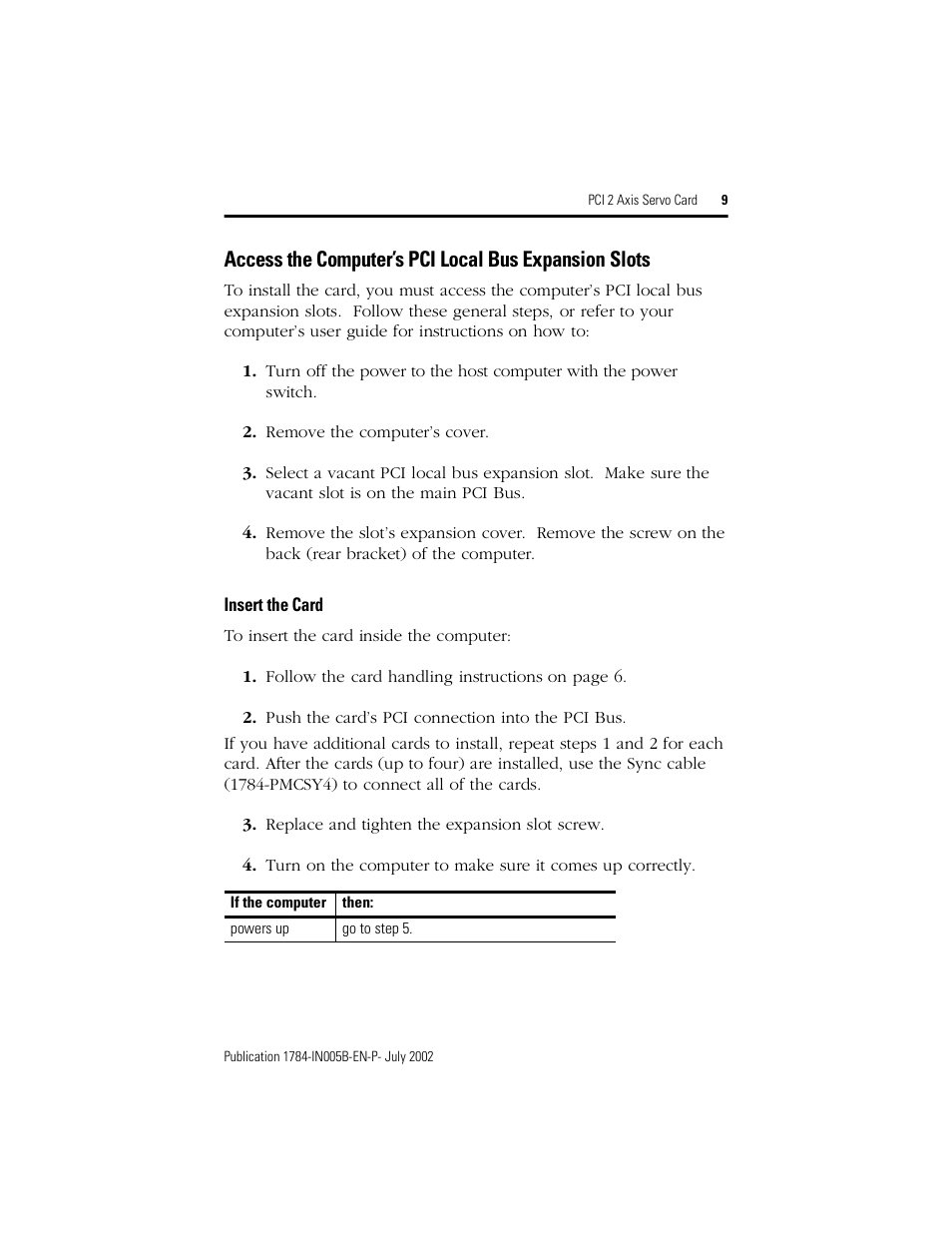 Insert the card | Rockwell Automation 1784-PM02AE PCI 2 Axis Servo Card User Manual | Page 9 / 20