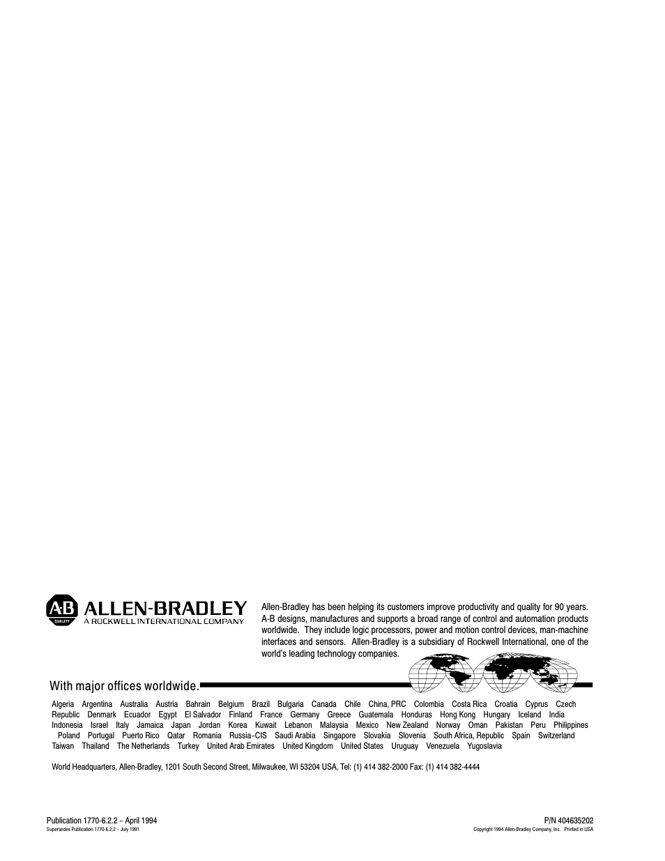 Back cover, With major offices worldwide | Rockwell Automation 1770 DH,DHII,DH485 CABLE User Manual | Page 128 / 128