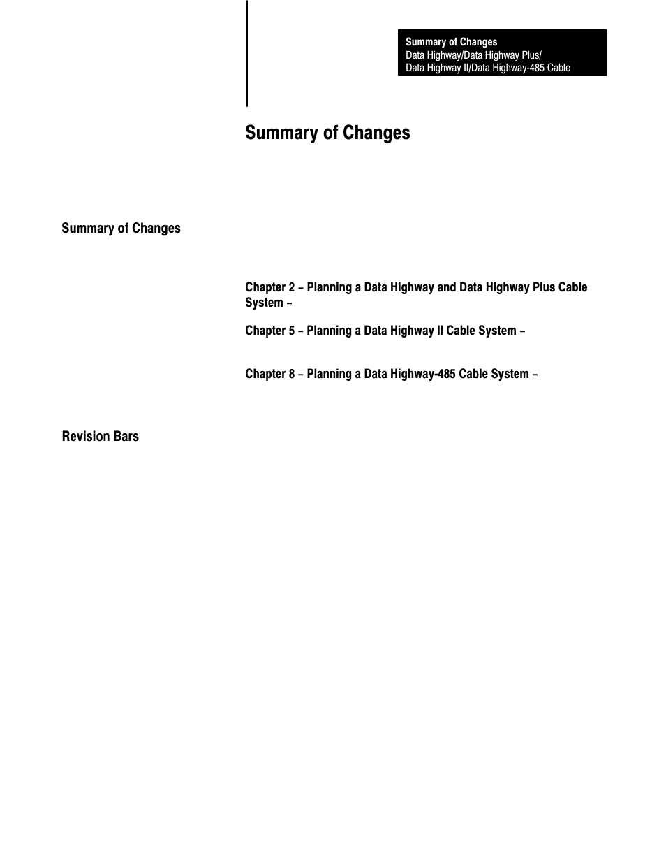 Summary of changes, Revision bars | Rockwell Automation 1770 DH,DHII,DH485 CABLE User Manual | Page 3 / 128