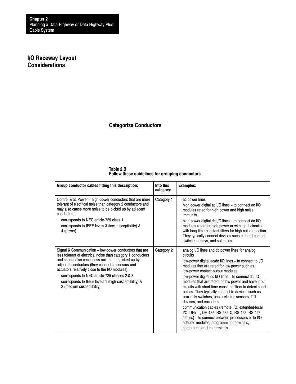 I/o raceway layout considerations, 2ć14, Categorize conductors | Rockwell Automation 1770 DH,DHII,DH485 CABLE User Manual | Page 30 / 128