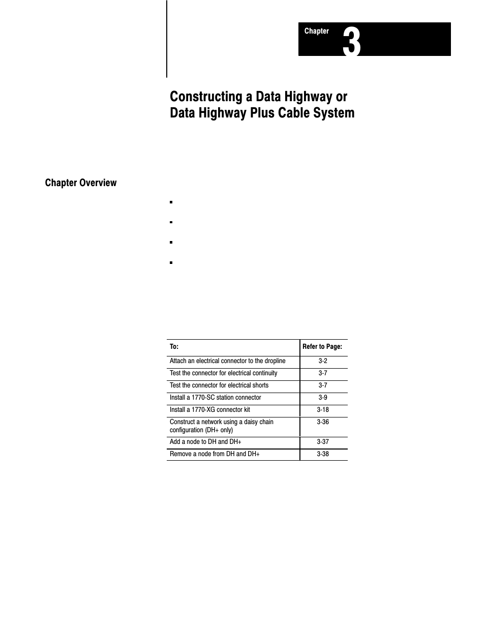 3 - constructing a data highway plus cable system, Chapter overview | Rockwell Automation 1770 DH,DHII,DH485 CABLE User Manual | Page 33 / 128