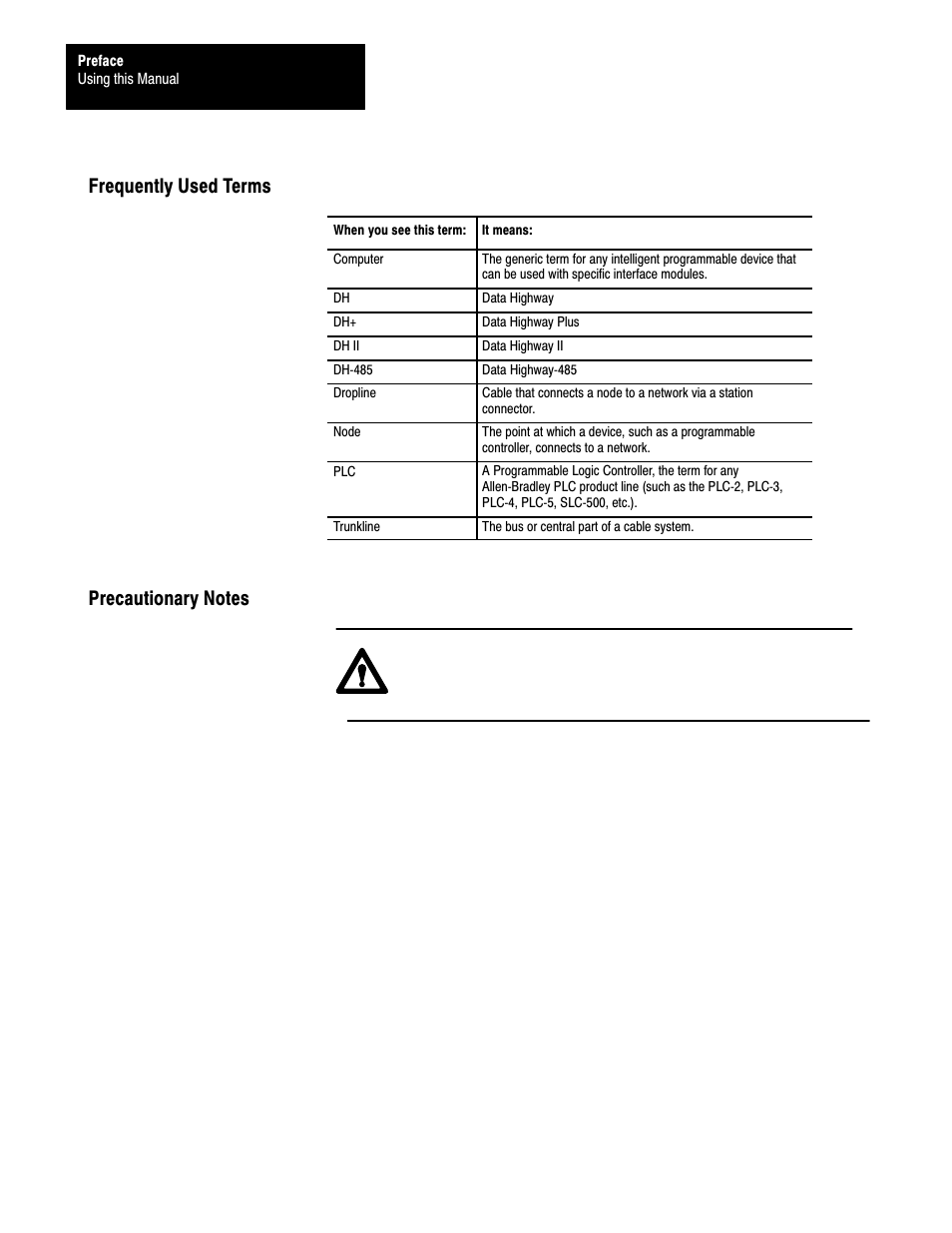 Frequently used terms, Precautionary notes | Rockwell Automation 1770 DH,DHII,DH485 CABLE User Manual | Page 8 / 128