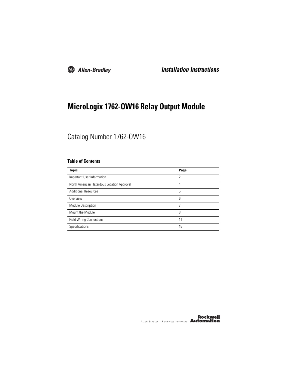 Rockwell Automation 1762-OW16 Relay Output Module User Manual | 20 pages