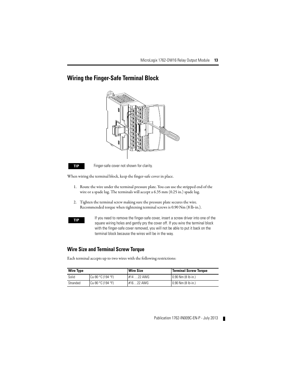 Wire size and terminal screw torque, Wiring the finger-safe terminal block | Rockwell Automation 1762-OW16 Relay Output Module User Manual | Page 13 / 20