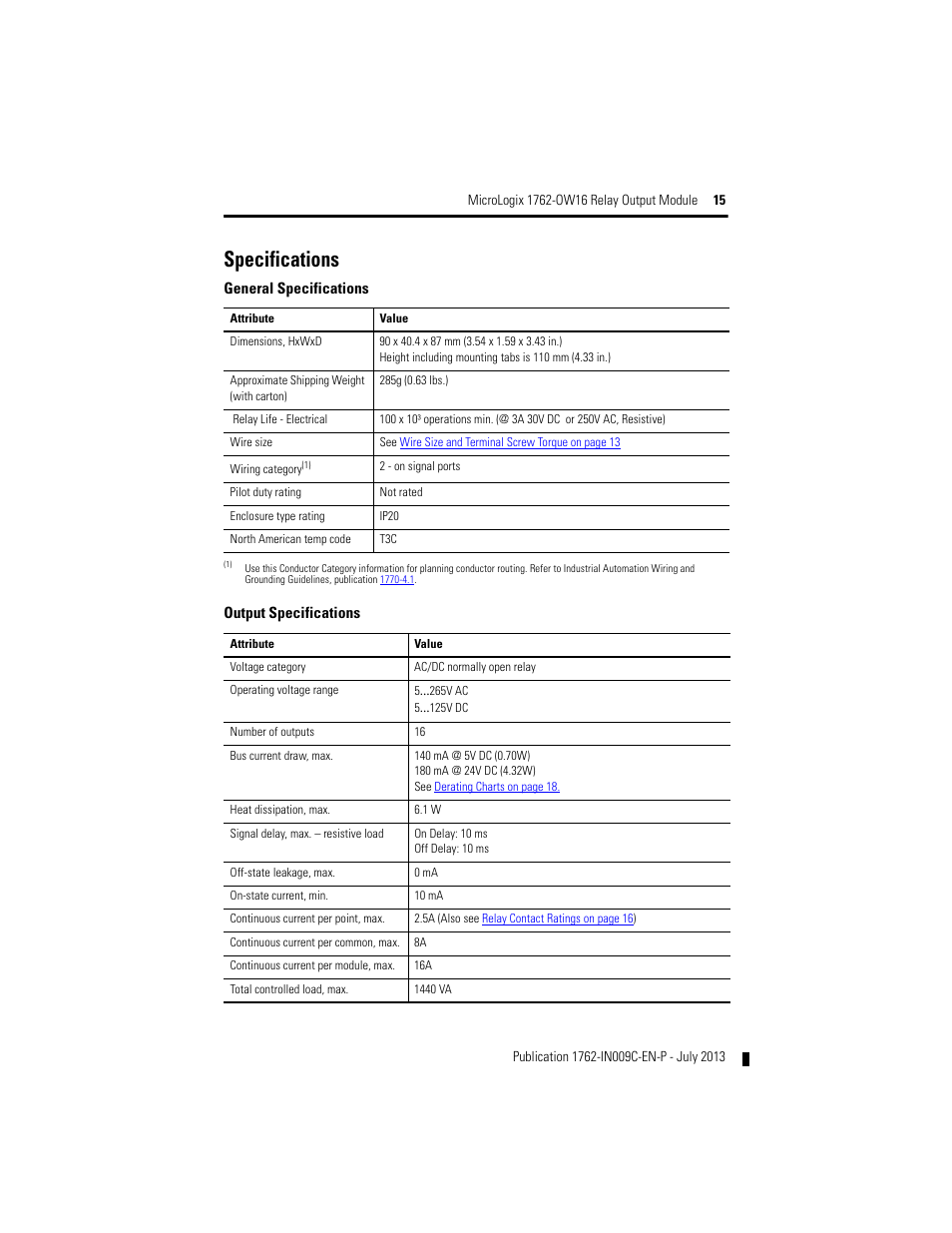 Specifications | Rockwell Automation 1762-OW16 Relay Output Module User Manual | Page 15 / 20