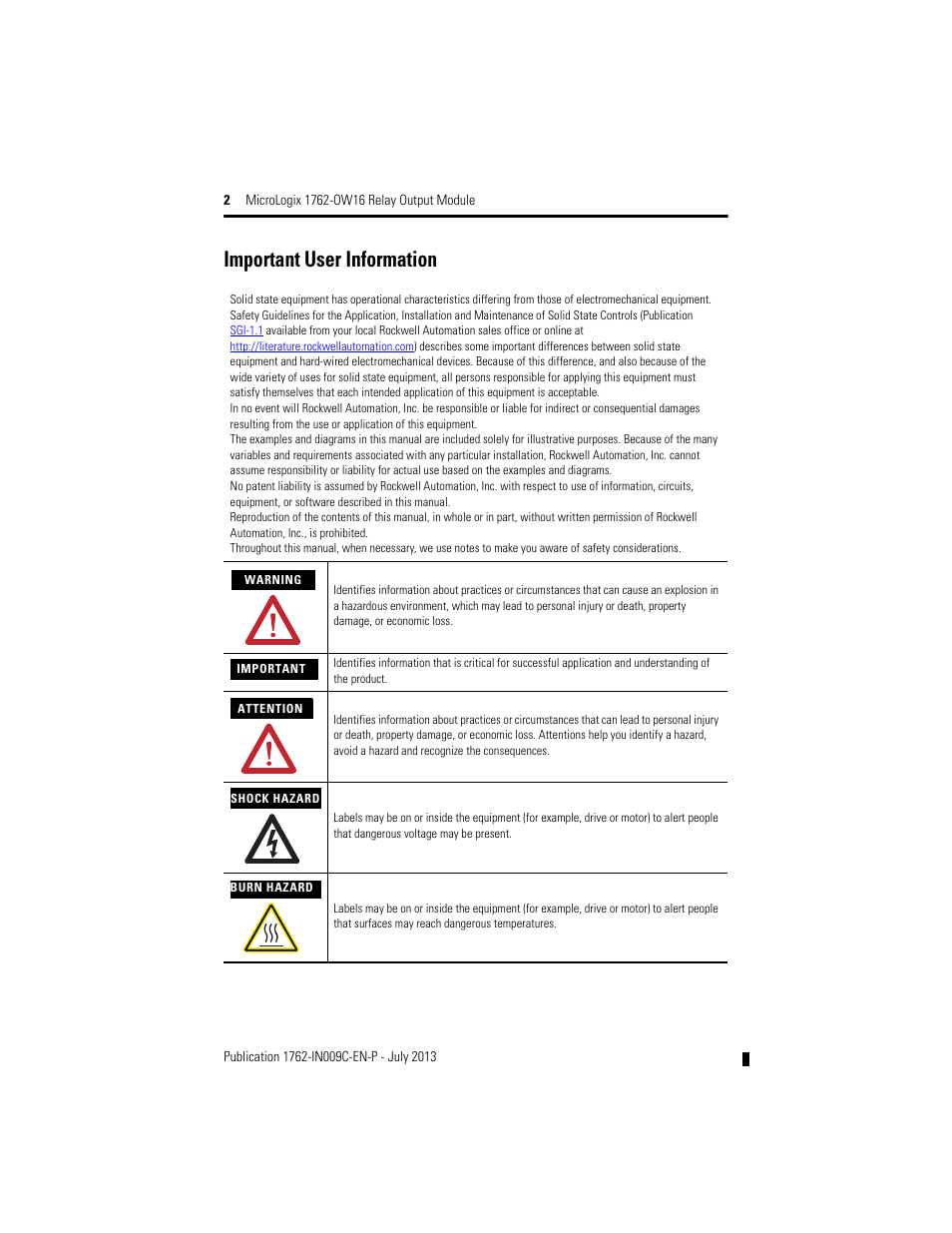 Important user information | Rockwell Automation 1762-OW16 Relay Output Module User Manual | Page 2 / 20