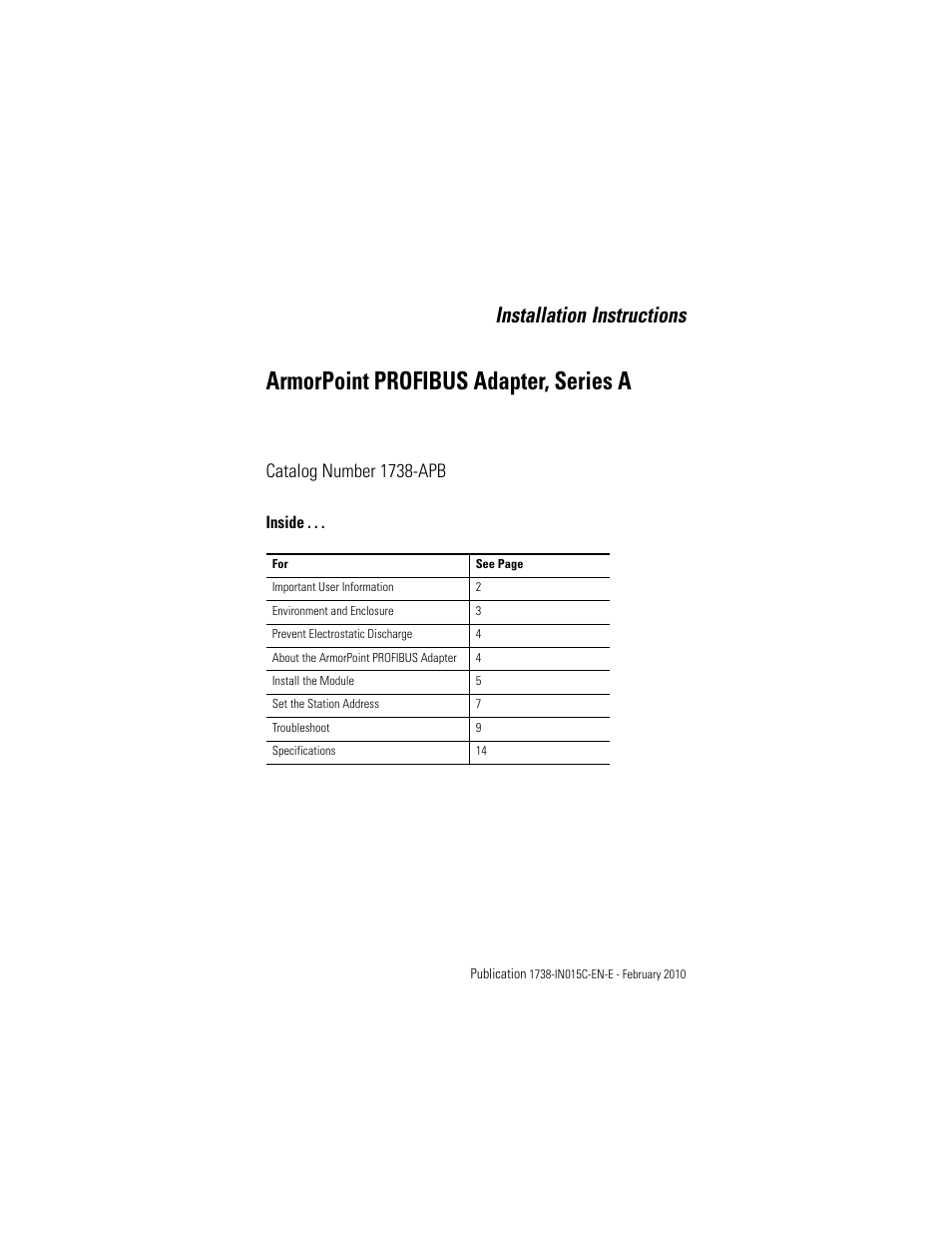 Rockwell Automation 1738-APB ArmorPoint PROFIBUS Adapter, Series A User Manual | 20 pages