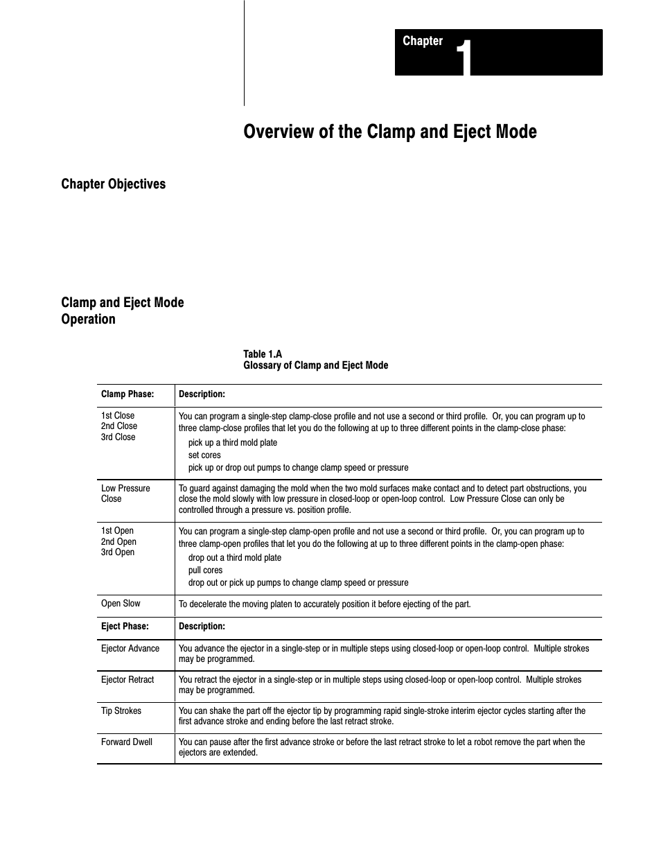 Chapter 1 - overview of the clamp & eject mode, Chapter objectives, Clamp and eject mode operation | Overview of the clamp and eject mode, Chapter objectives clamp and eject mode operation | Rockwell Automation 1771-QDC, D17716.5.87(Passport) CLAMP AND EJECT MODE User Manual | Page 12 / 236