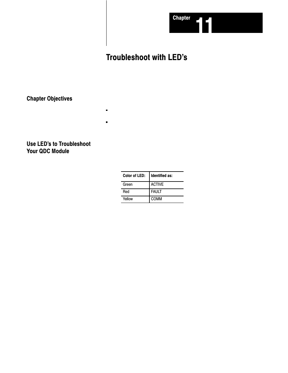 Chapter 11 - troubleshoot with leds, Chapter objectives, Use led's to troubleshoot your qdc module | 11ć1, Troubleshoot with led's | Rockwell Automation 1771-QDC, D17716.5.87(Passport) CLAMP AND EJECT MODE User Manual | Page 198 / 236