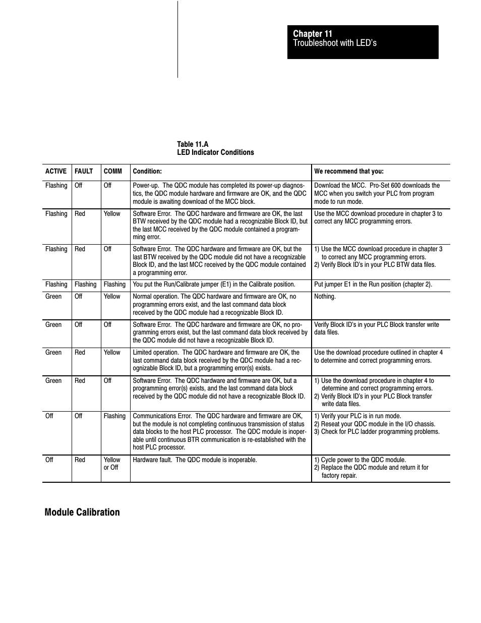 11ć3, Module calibration, Troubleshoot with led's chapter 11 | Rockwell Automation 1771-QDC, D17716.5.87(Passport) CLAMP AND EJECT MODE User Manual | Page 200 / 236