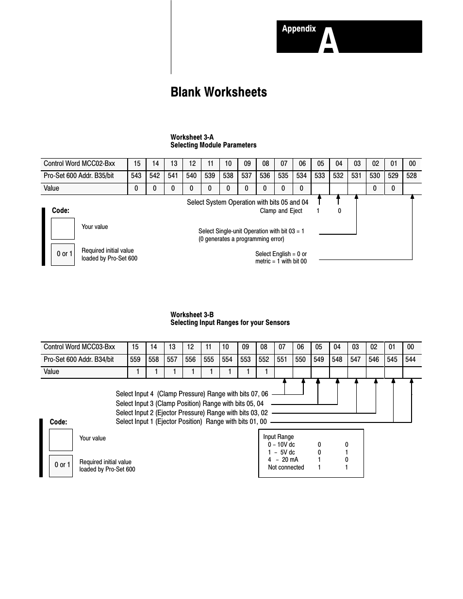 Appendix a - worksheets, Blank worksheets | Rockwell Automation 1771-QDC, D17716.5.87(Passport) CLAMP AND EJECT MODE User Manual | Page 201 / 236
