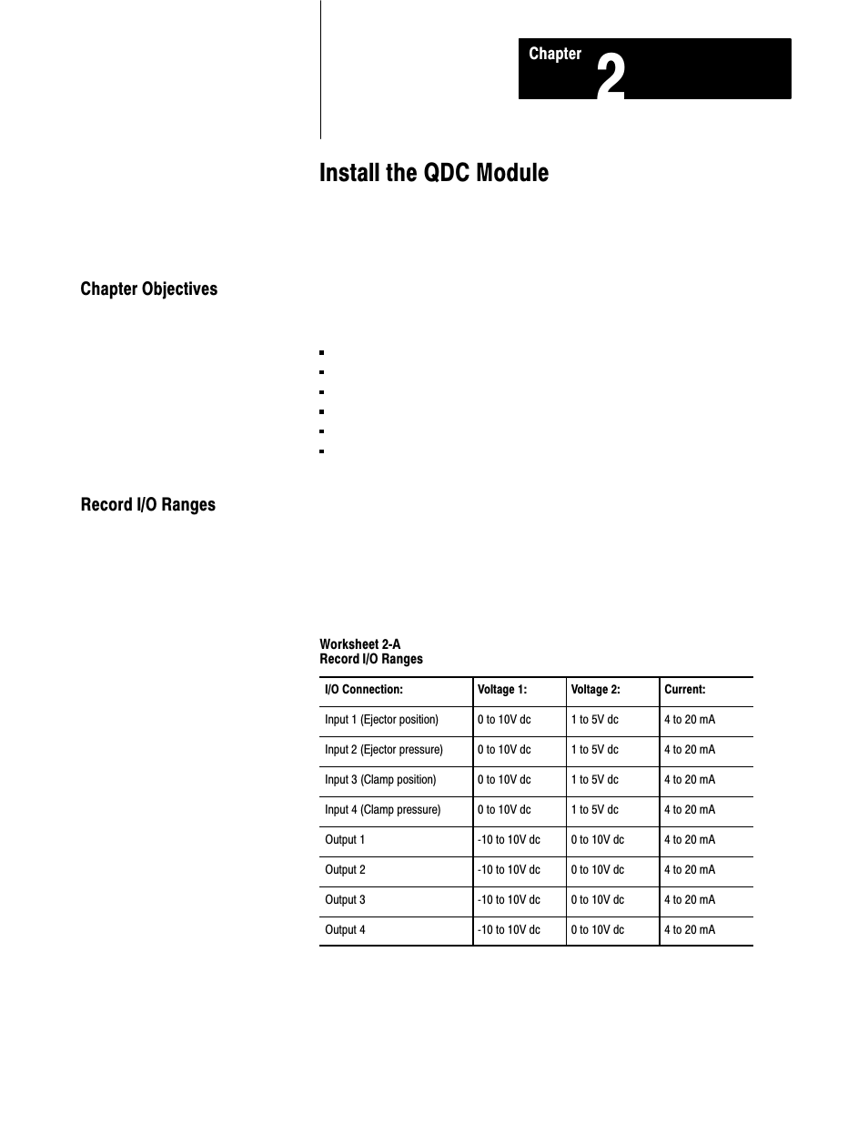 Chapter 2 - install the qdc module, Chapter objectives, Record i/o ranges | Install the qdc module, Chapter objectives record i/o ranges | Rockwell Automation 1771-QDC, D17716.5.87(Passport) CLAMP AND EJECT MODE User Manual | Page 22 / 236