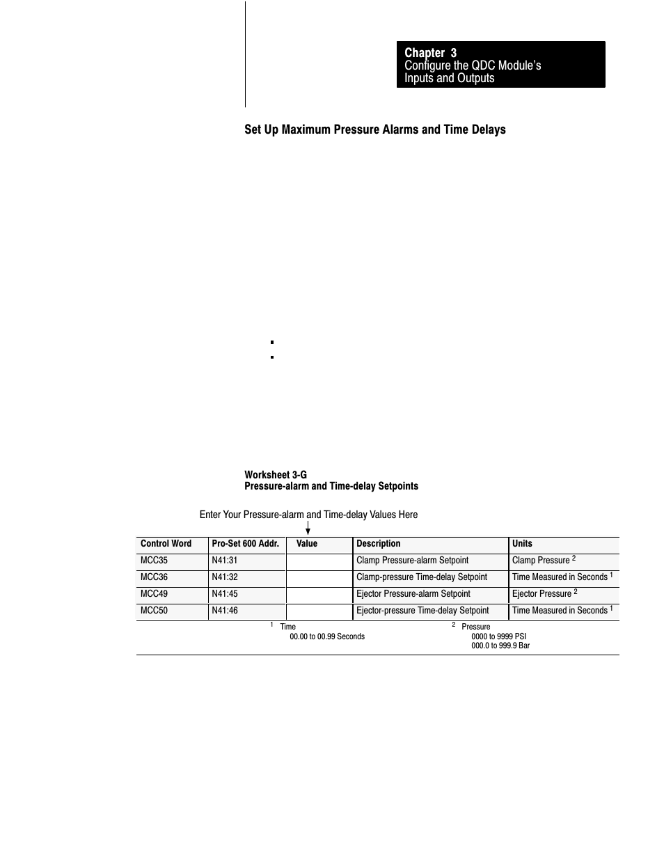 Set up maximum pressure alarms and time delays | Rockwell Automation 1771-QDC, D17716.5.87(Passport) CLAMP AND EJECT MODE User Manual | Page 52 / 236