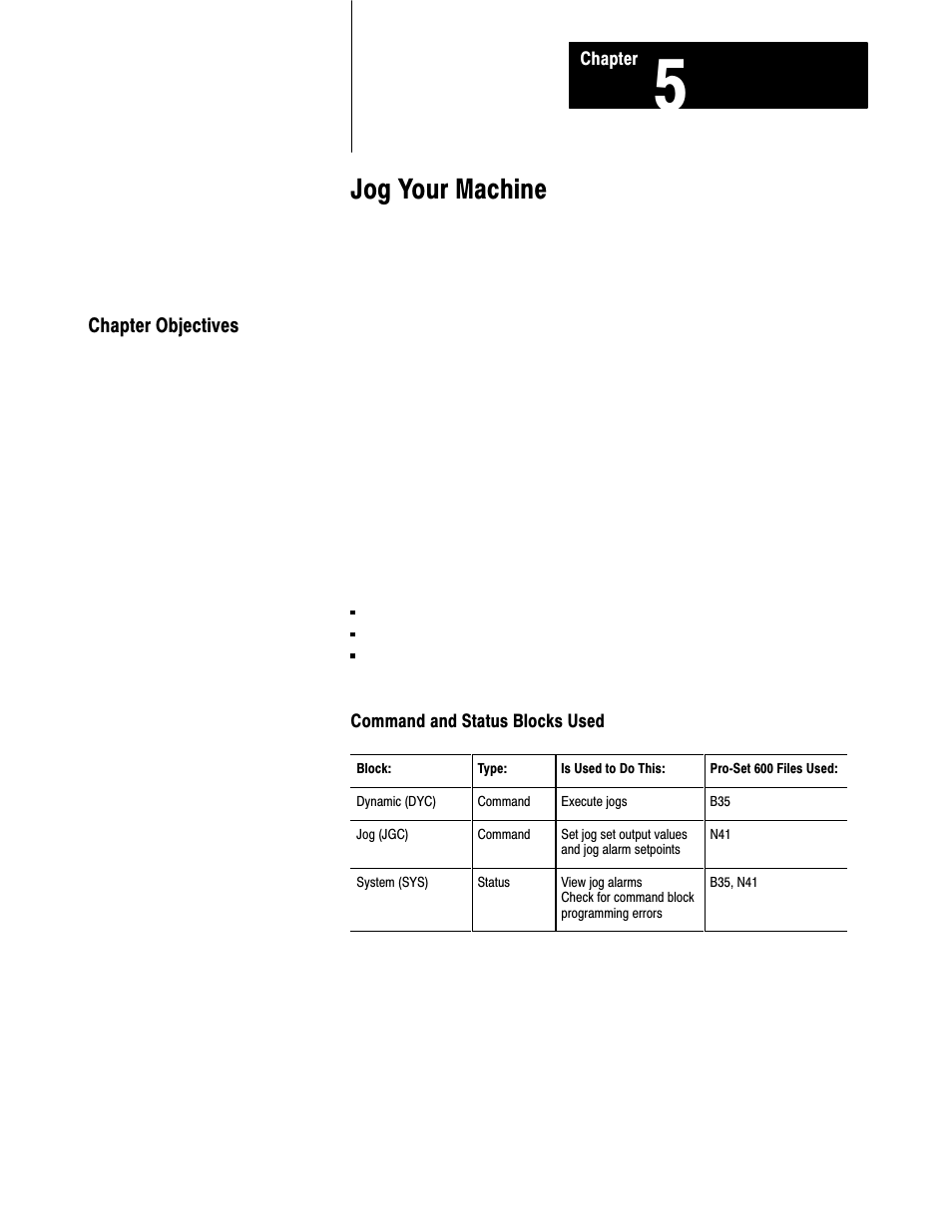 Chapter 5 - jog your machine, Chapter objectives, Jog your machine | Rockwell Automation 1771-QDC, D17716.5.87(Passport) CLAMP AND EJECT MODE User Manual | Page 60 / 236