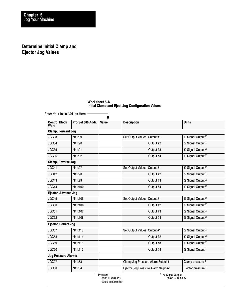 Determine initial clamp and ejector jog values, Jog your machine chapter 5 | Rockwell Automation 1771-QDC, D17716.5.87(Passport) CLAMP AND EJECT MODE User Manual | Page 61 / 236