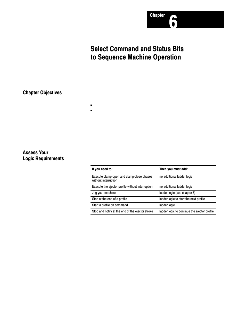 Chapter 6 - program command-bit interaction, Chapter objectives, Assess your logic requirements | Rockwell Automation 1771-QDC, D17716.5.87(Passport) CLAMP AND EJECT MODE User Manual | Page 68 / 236