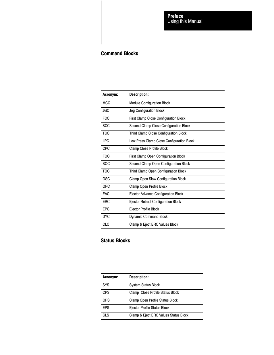 Using this manual preface, Command blocks, Status blocks | Rockwell Automation 1771-QDC, D17716.5.87(Passport) CLAMP AND EJECT MODE User Manual | Page 9 / 236