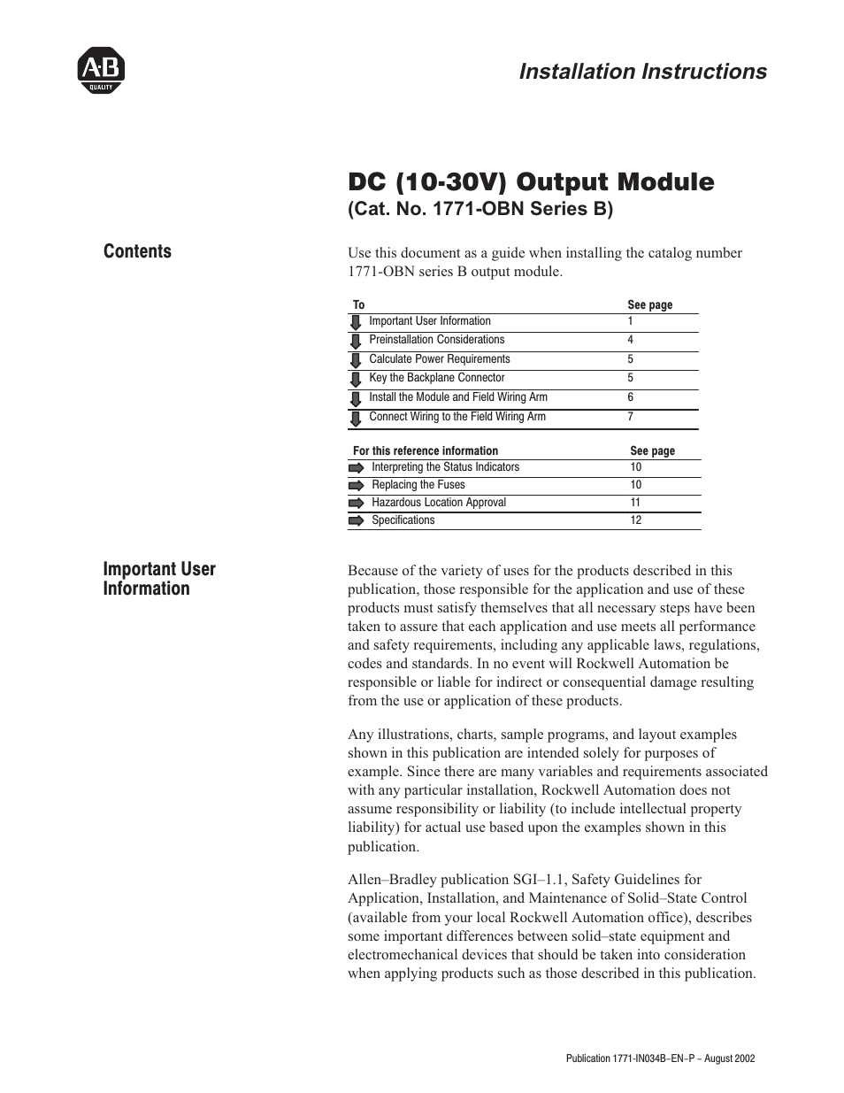 Rockwell Automation 1771-OBN DC (10-30V) Output Module Installation Instructions User Manual | 16 pages