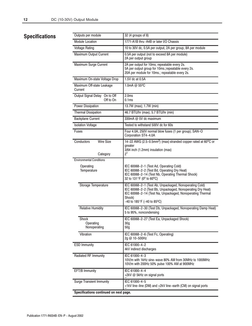 Specifications | Rockwell Automation 1771-OBN DC (10-30V) Output Module Installation Instructions User Manual | Page 12 / 16