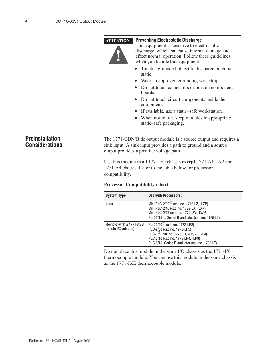 Preinstallation considerations | Rockwell Automation 1771-OBN DC (10-30V) Output Module Installation Instructions User Manual | Page 4 / 16