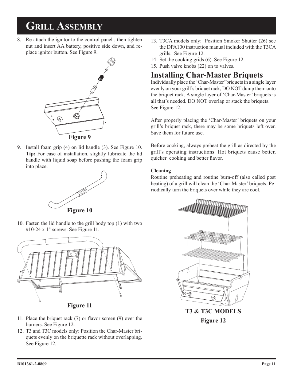 Rill, Ssembly, Installing char-master briquets | Broilmaster T3W-2 User Manual | Page 11 / 24