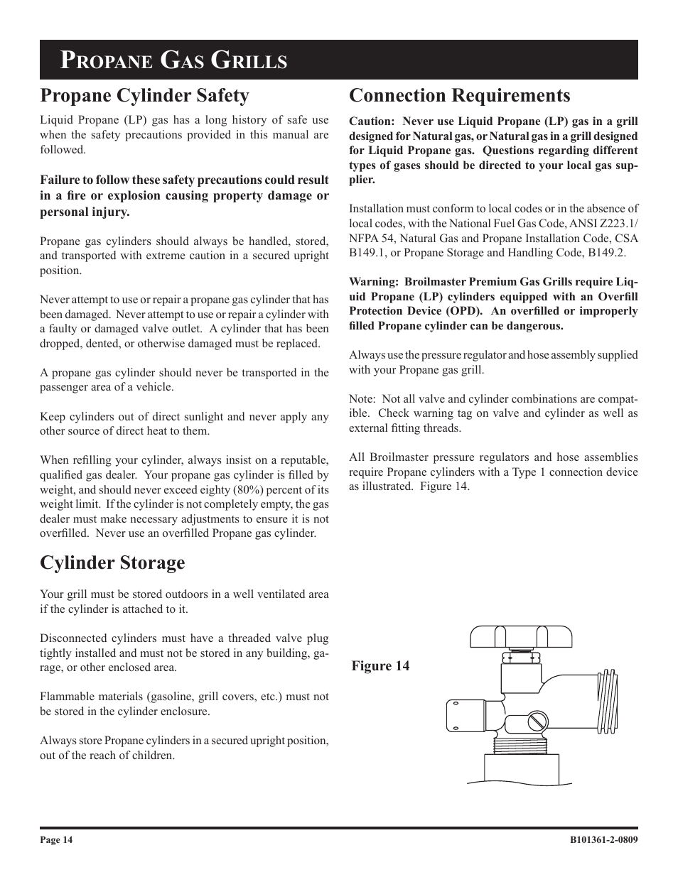 Propane cylinder safety, Cylinder storage, Connection requirements | Ropane, Rills | Broilmaster T3W-2 User Manual | Page 14 / 24