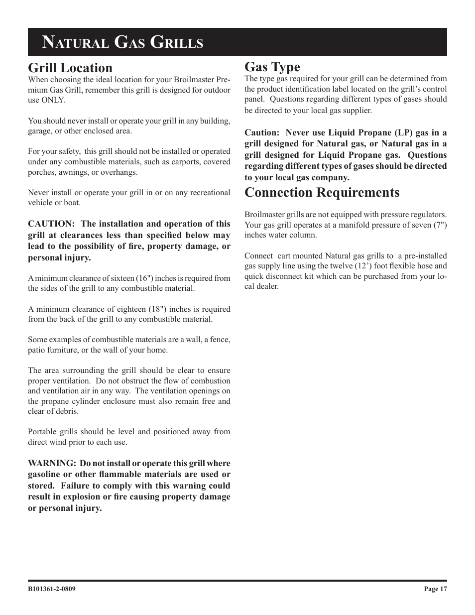 Gas type, Connection requirements, Grill location | Atural, Rills | Broilmaster T3W-2 User Manual | Page 17 / 24