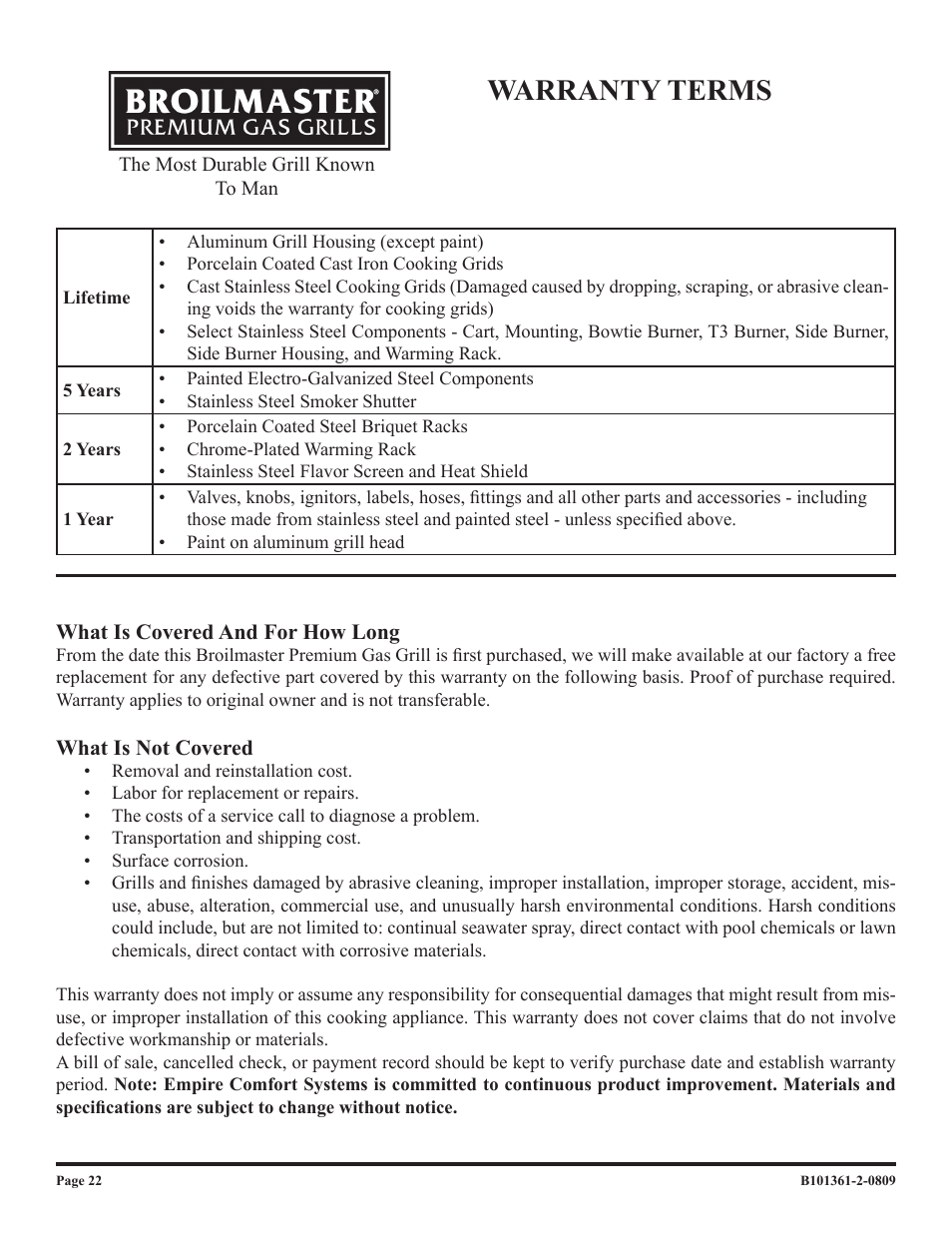 Warranty terms | Broilmaster T3W-2 User Manual | Page 22 / 24