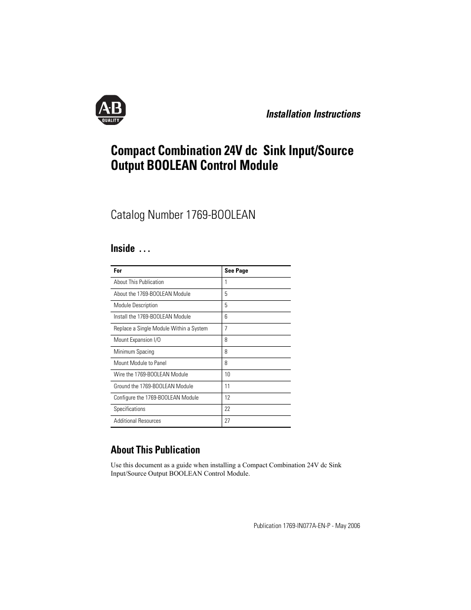 Rockwell Automation 1769-BOOLEAN Compact I/O BOOLEAN Module Installation Instructions User Manual | 28 pages