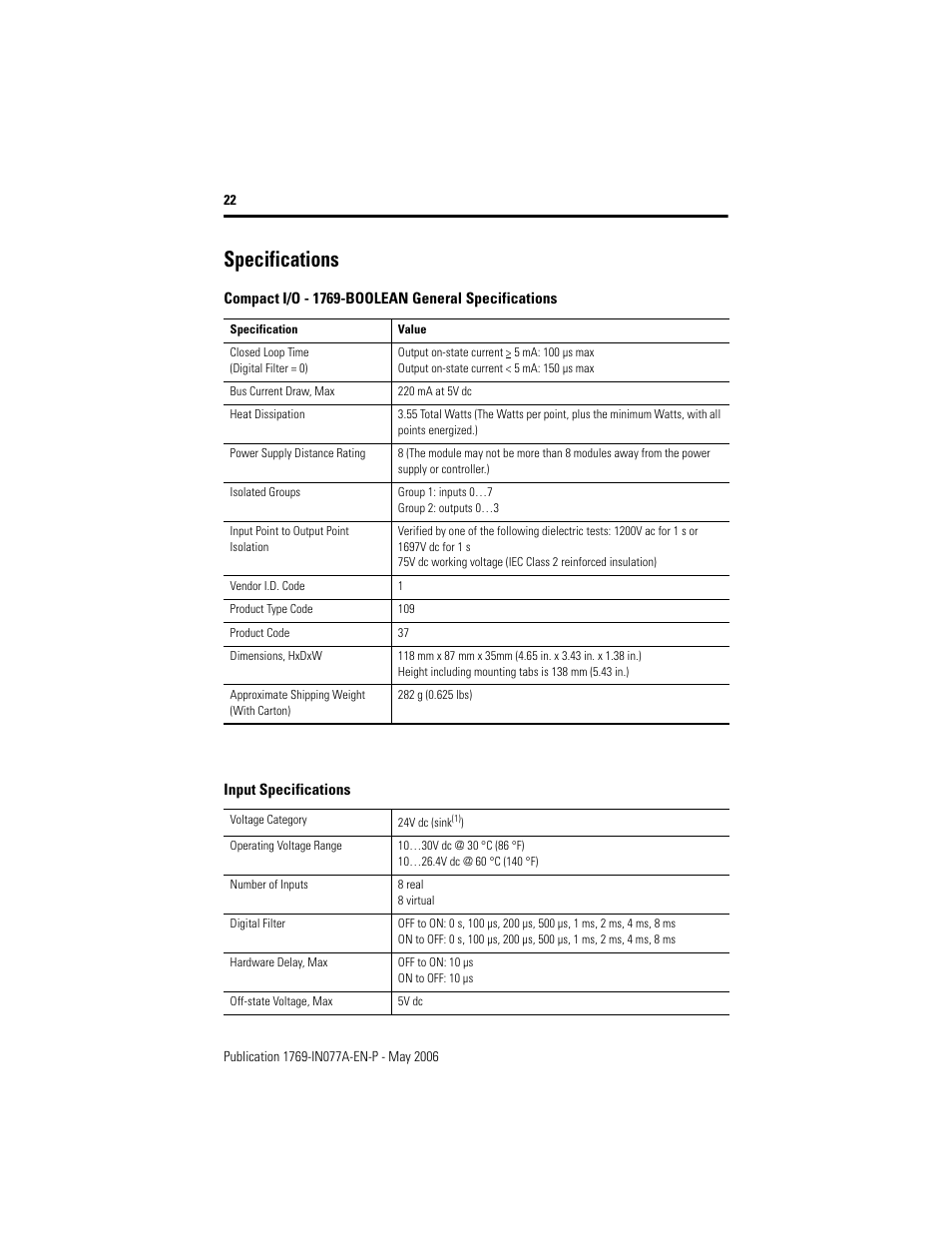 Specifications | Rockwell Automation 1769-BOOLEAN Compact I/O BOOLEAN Module Installation Instructions User Manual | Page 22 / 28