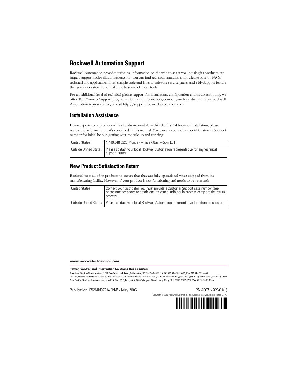 H',)!¶1, Rockwell automation support, Installation assistance | New product satisfaction return | Rockwell Automation 1769-BOOLEAN Compact I/O BOOLEAN Module Installation Instructions User Manual | Page 28 / 28