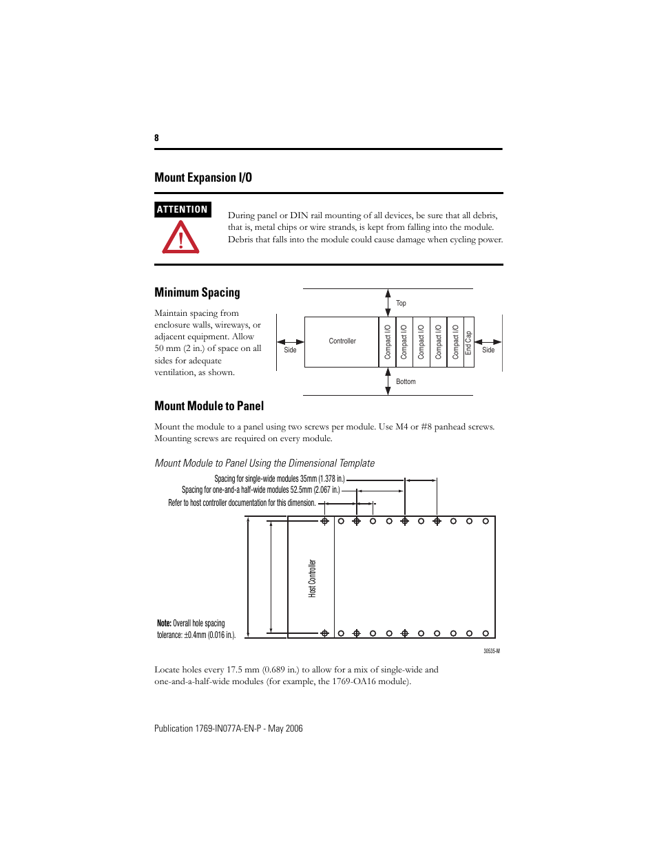 Mount expansion i/o, Minimum spacing, Mount module to panel | Mount expansion i/o minimum spacing | Rockwell Automation 1769-BOOLEAN Compact I/O BOOLEAN Module Installation Instructions User Manual | Page 8 / 28