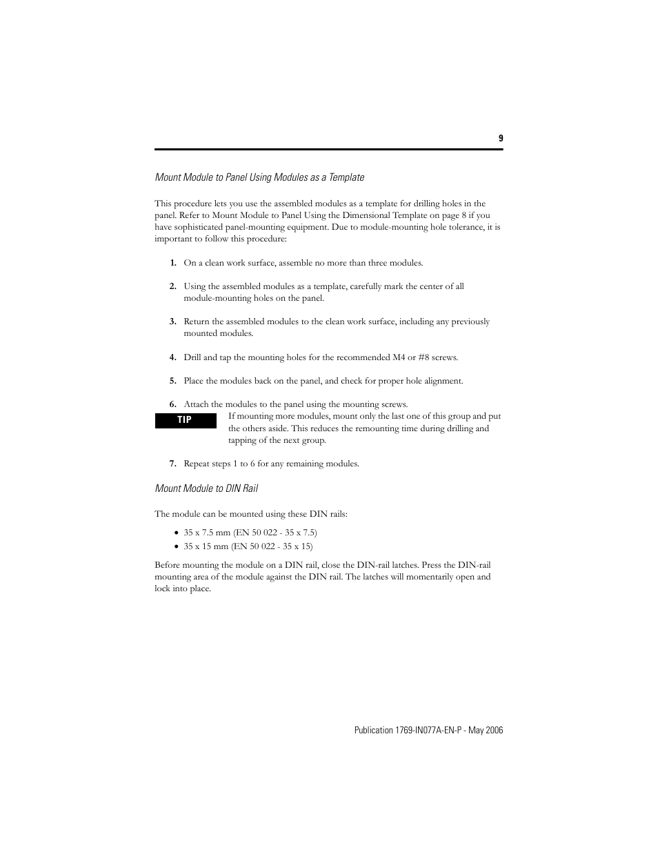 Mount module to panel using modules as a template, Mount module to din rail | Rockwell Automation 1769-BOOLEAN Compact I/O BOOLEAN Module Installation Instructions User Manual | Page 9 / 28
