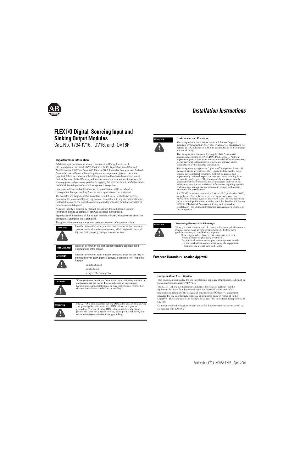 Rockwell Automation 1794-IV16_OV16_OV16P Flex I/O Digital DC Sourcing Input and Sinking Output Modules I.I. User Manual | 4 pages