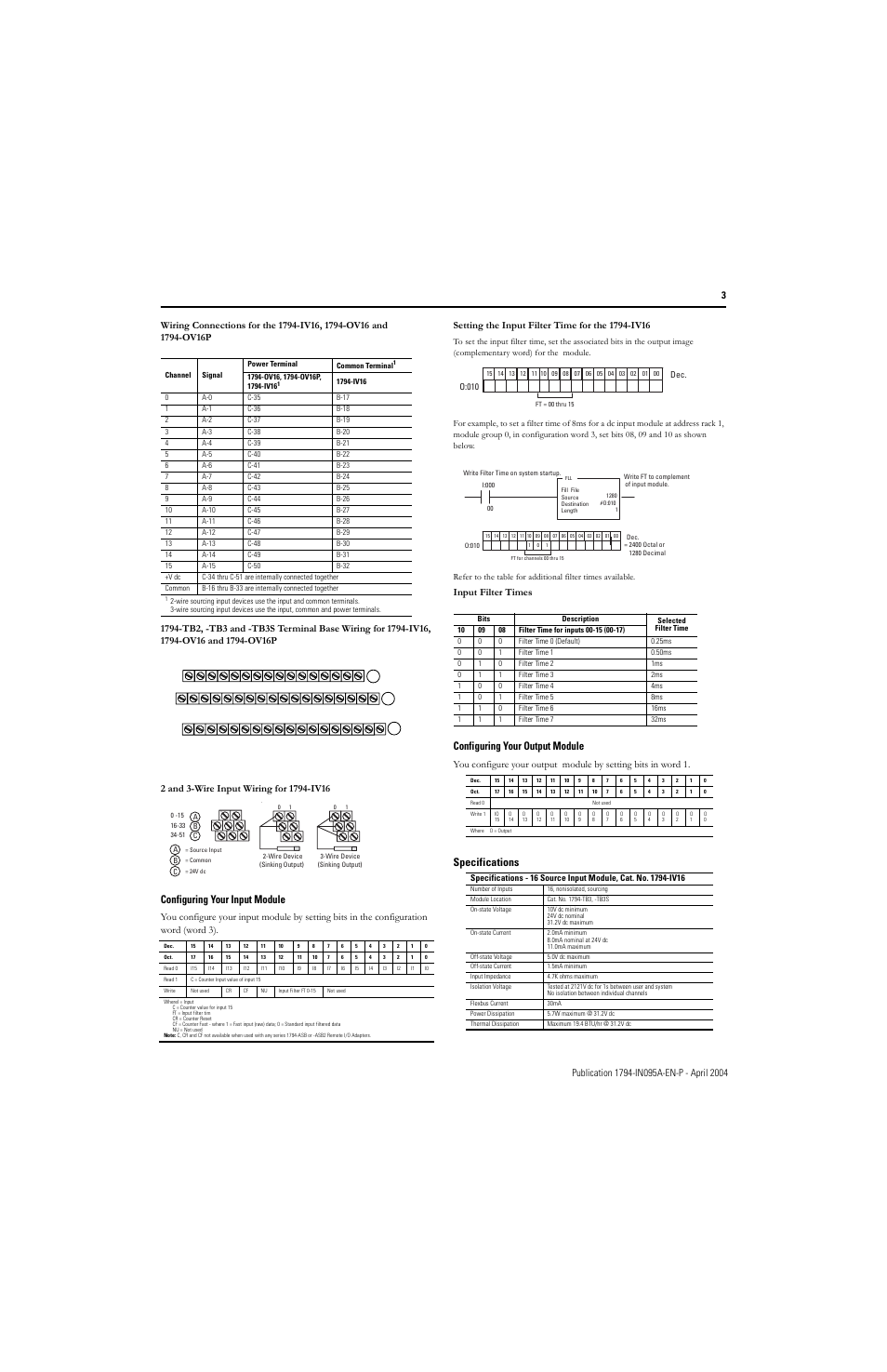 Configuring your input module, Configuring your output module, Specifications | Rockwell Automation 1794-IV16_OV16_OV16P Flex I/O Digital DC Sourcing Input and Sinking Output Modules I.I. User Manual | Page 3 / 4