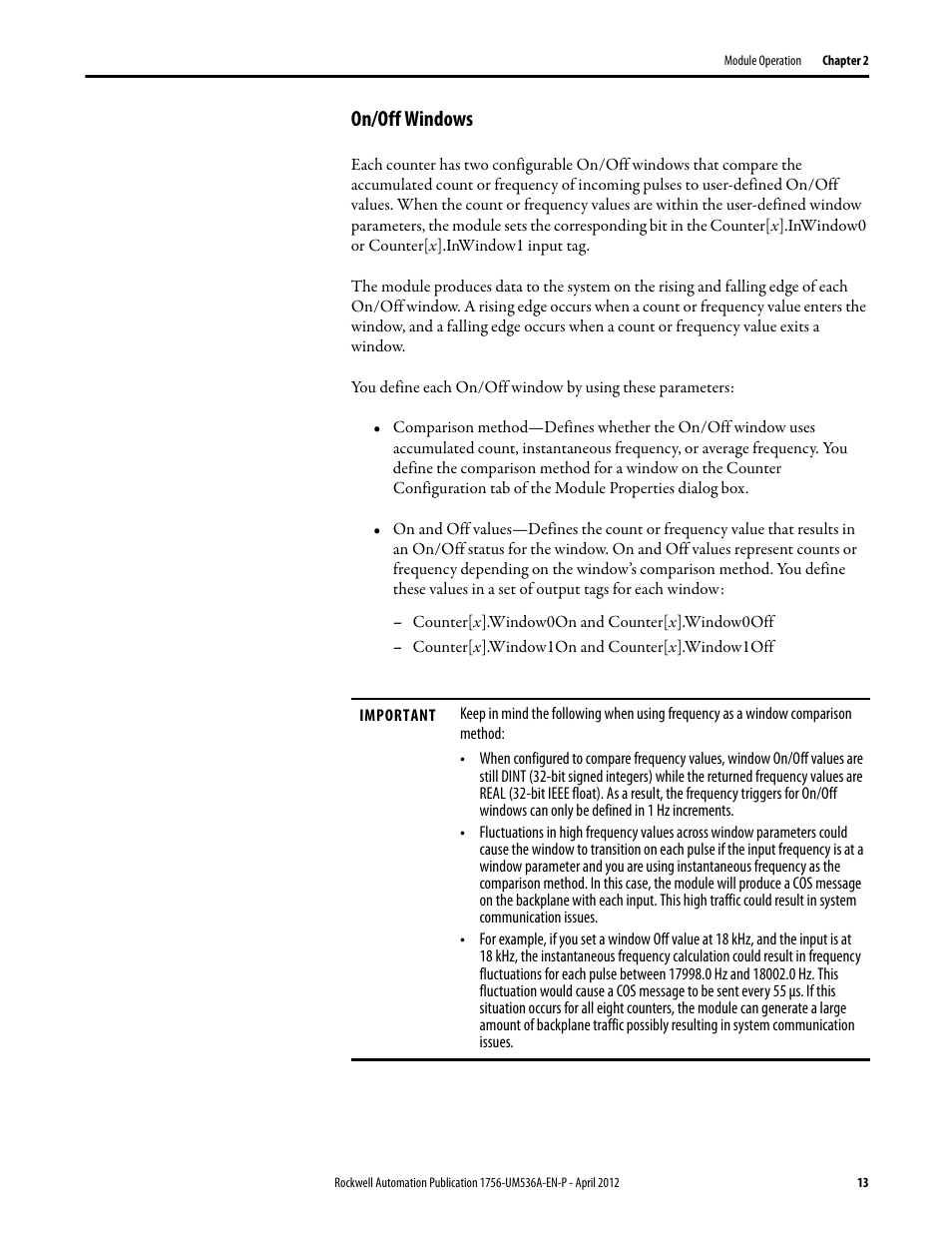 On/off windows | Rockwell Automation 1756-LSC8XIB8I ControlLogix Low-speed Counter Module User Manual | Page 13 / 84
