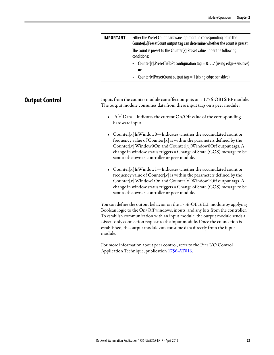 Output control, Ion, see, Output control on | Rockwell Automation 1756-LSC8XIB8I ControlLogix Low-speed Counter Module User Manual | Page 23 / 84