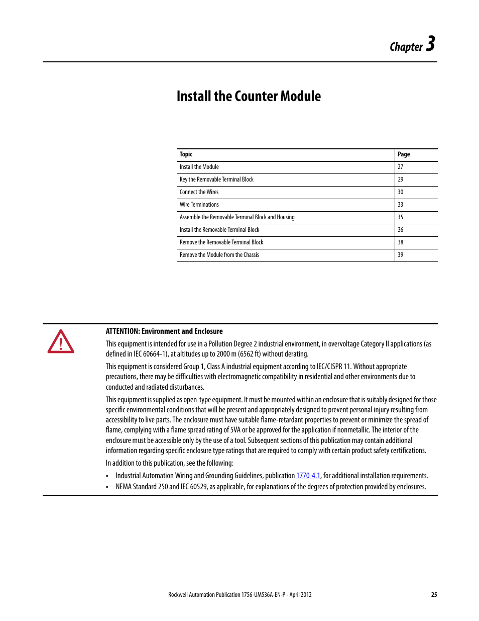 3 - install the counter module, Chapter 3, Install the counter module | Chapter | Rockwell Automation 1756-LSC8XIB8I ControlLogix Low-speed Counter Module User Manual | Page 25 / 84