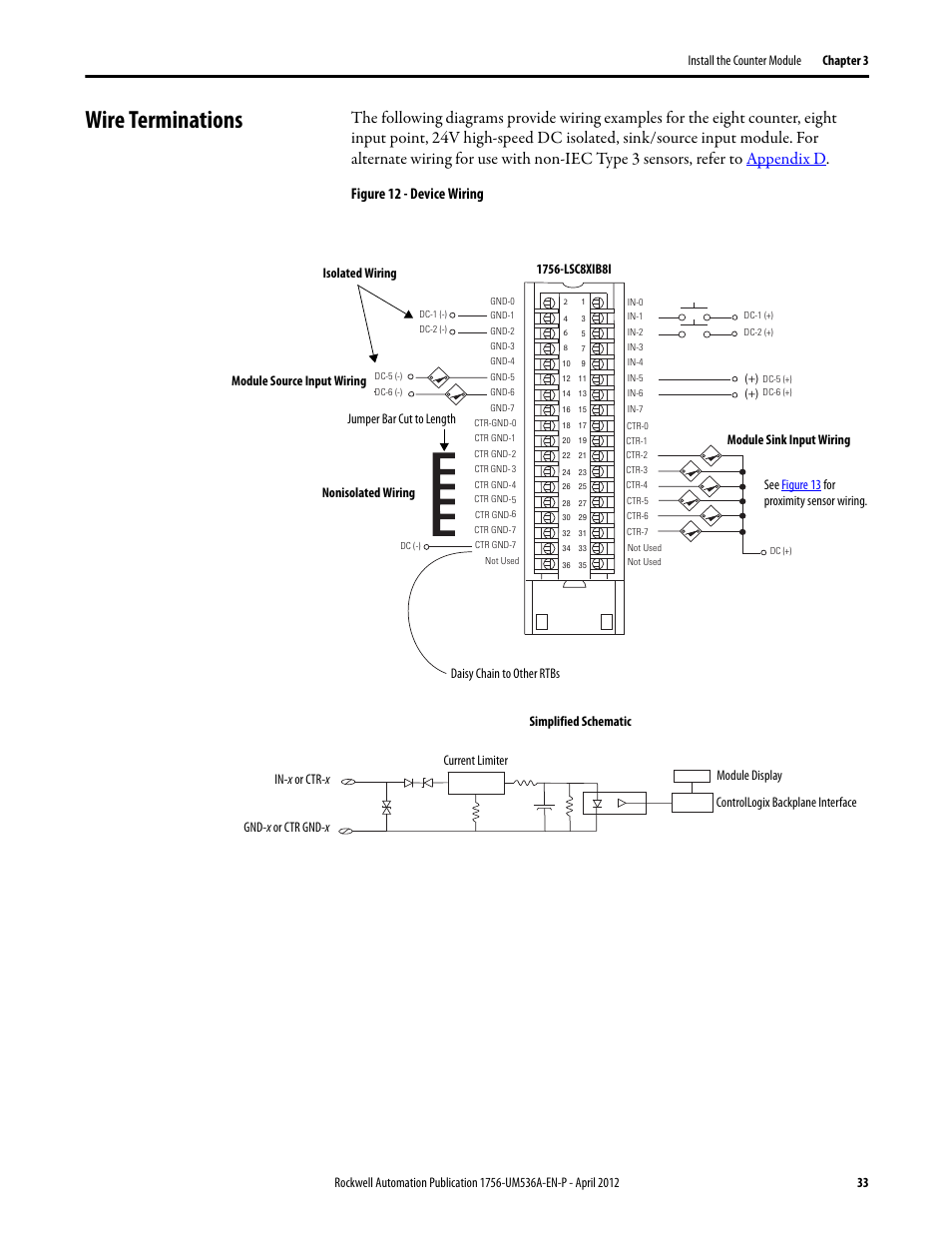 Wire terminations, Figure 12 - device wiring | Rockwell Automation 1756-LSC8XIB8I ControlLogix Low-speed Counter Module User Manual | Page 33 / 84