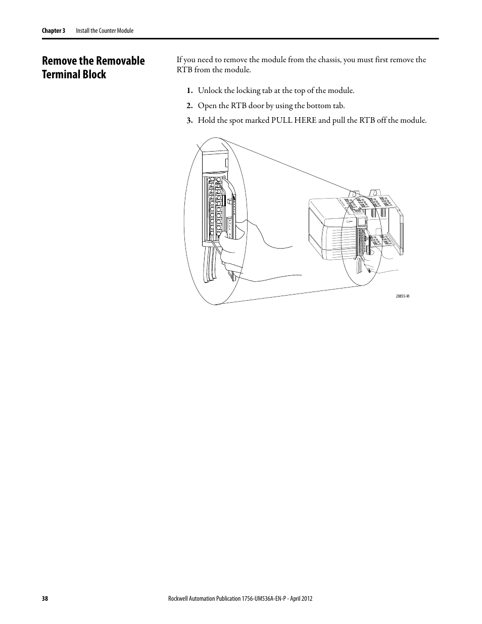 Remove the removable terminal block | Rockwell Automation 1756-LSC8XIB8I ControlLogix Low-speed Counter Module User Manual | Page 38 / 84