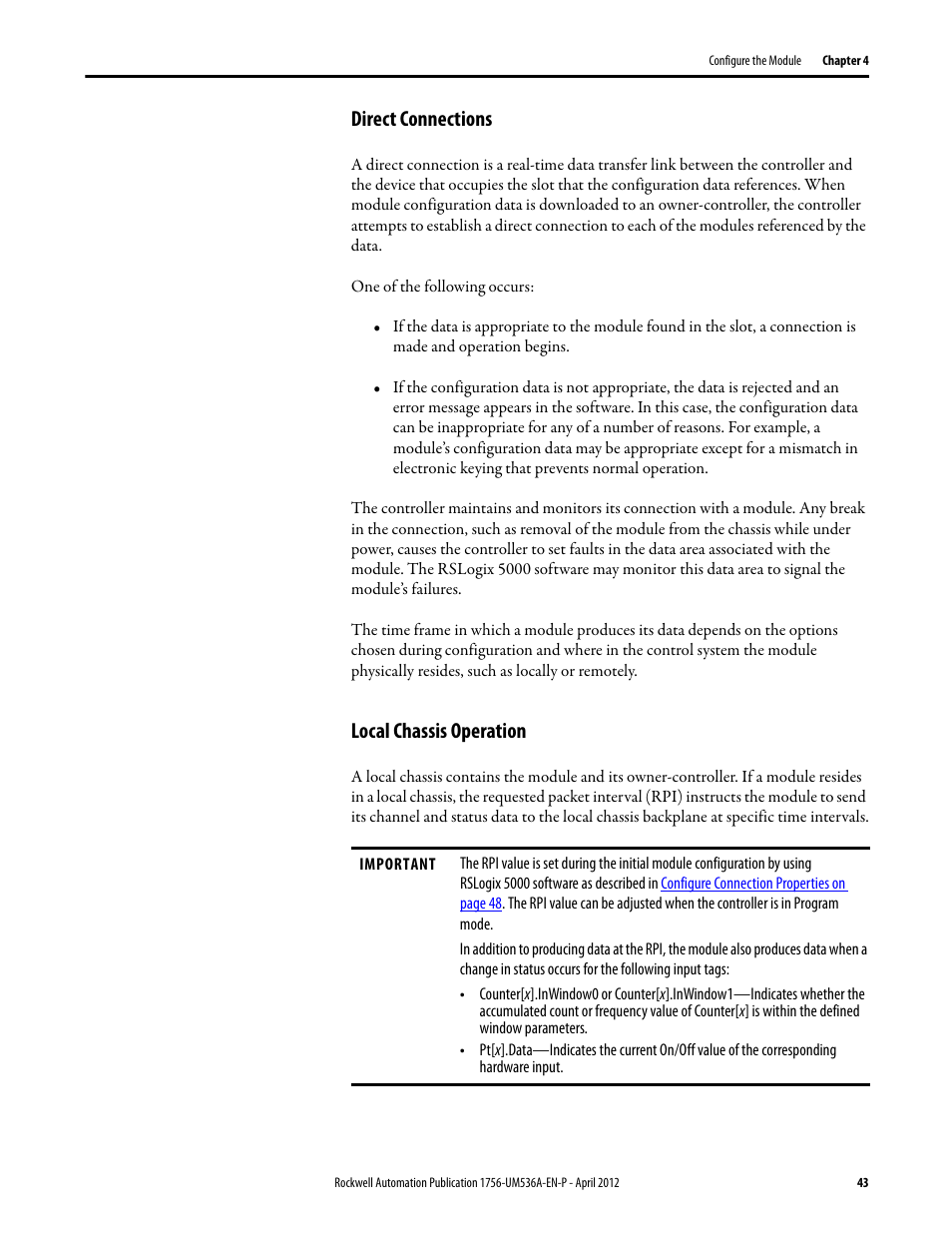 Direct connections, Local chassis operation, Direct connections local chassis operation | Rockwell Automation 1756-LSC8XIB8I ControlLogix Low-speed Counter Module User Manual | Page 43 / 84