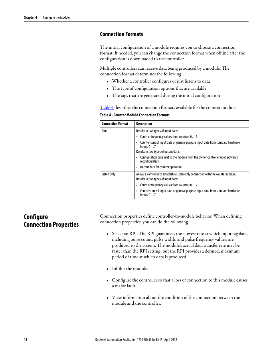 Connection formats, Configure connection properties, E as described in | Configure connection properties on | Rockwell Automation 1756-LSC8XIB8I ControlLogix Low-speed Counter Module User Manual | Page 48 / 84