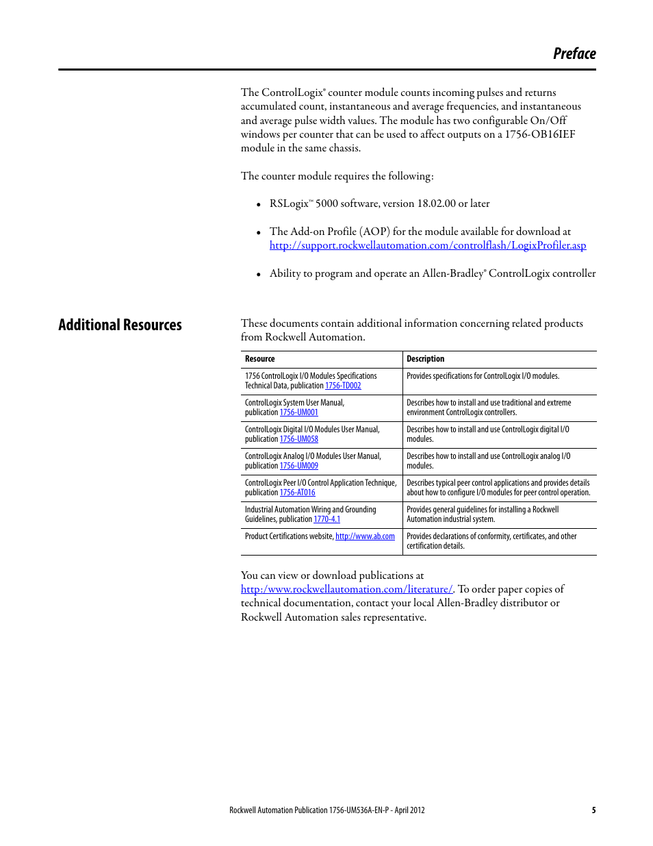 Preface, Additional resources | Rockwell Automation 1756-LSC8XIB8I ControlLogix Low-speed Counter Module User Manual | Page 5 / 84