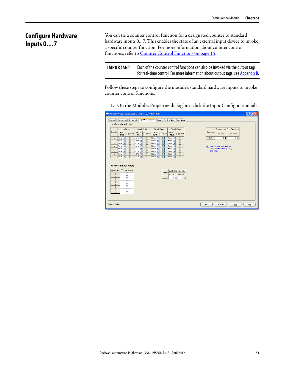 Configure hardware inputs 0…7 | Rockwell Automation 1756-LSC8XIB8I ControlLogix Low-speed Counter Module User Manual | Page 53 / 84