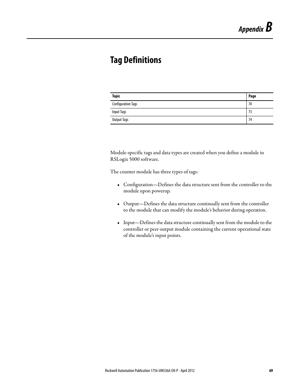 B - tag definitions, Appendix b, Tag definitions | Appendix | Rockwell Automation 1756-LSC8XIB8I ControlLogix Low-speed Counter Module User Manual | Page 69 / 84