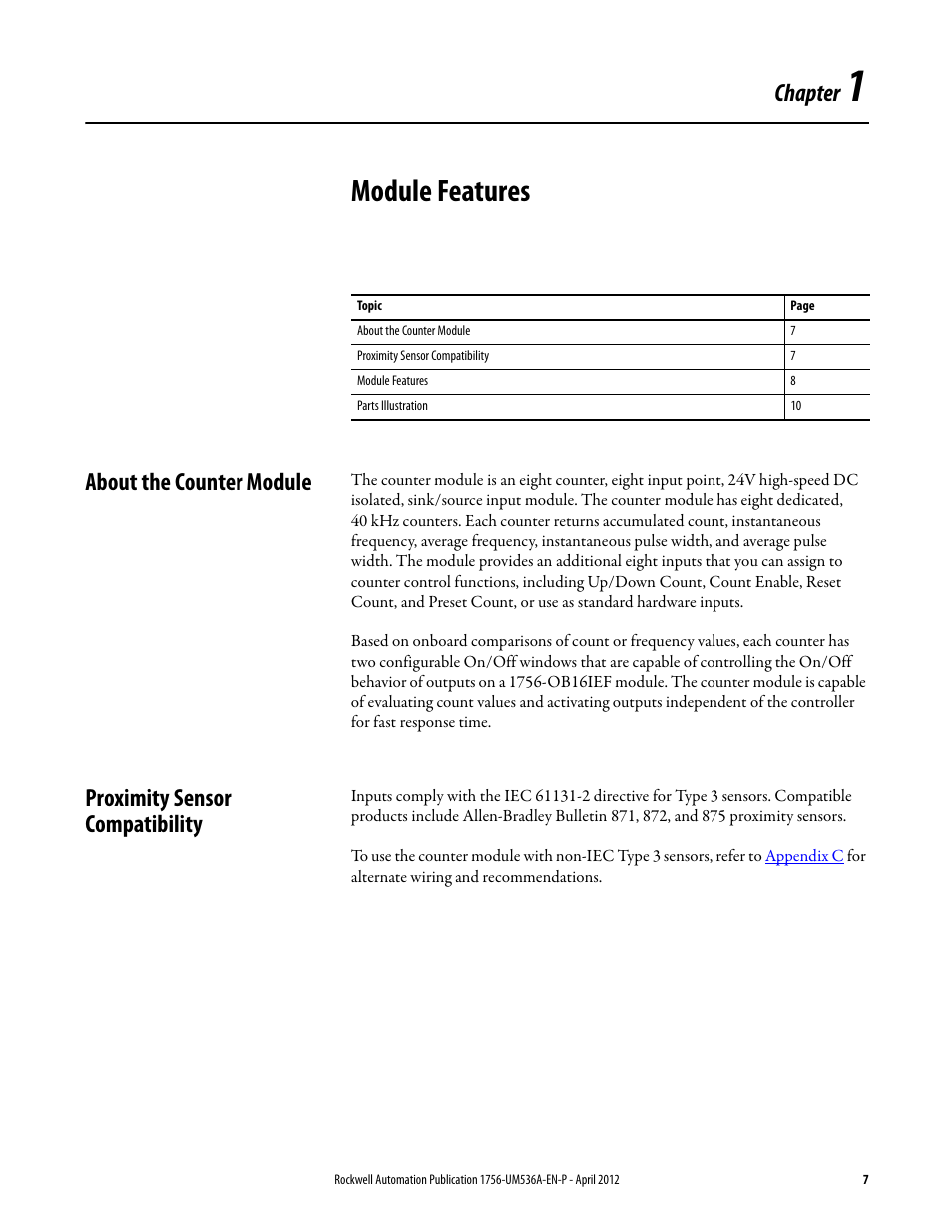1 - module features, About the counter module, Proximity sensor compatibility | Chapter 1, Module features, Chapter | Rockwell Automation 1756-LSC8XIB8I ControlLogix Low-speed Counter Module User Manual | Page 7 / 84